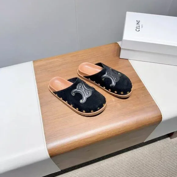 Celine Black Suede Mules with Gold Studs and Logo - Picture 4 of 6